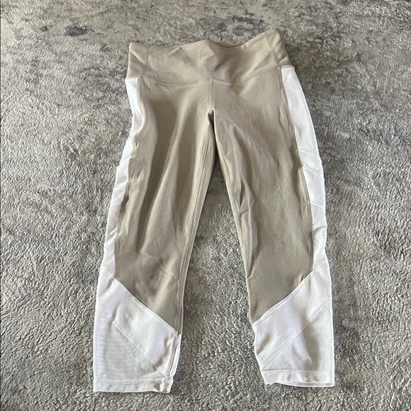 Athleta Pants - Athleta Exhale Mesh Capri leggings in quail beige and white color block